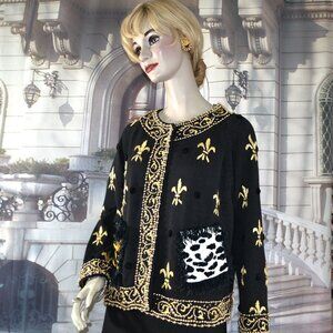 Michael Simon Blazer Sweater Black Size 8 10 Fleur-de-Lis Design w Gold Beading